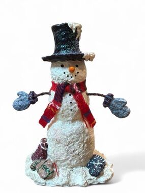 Vintage Enesco Snowman Figurine with Black Hat, Red Plaid Scarf, Blue Mittens